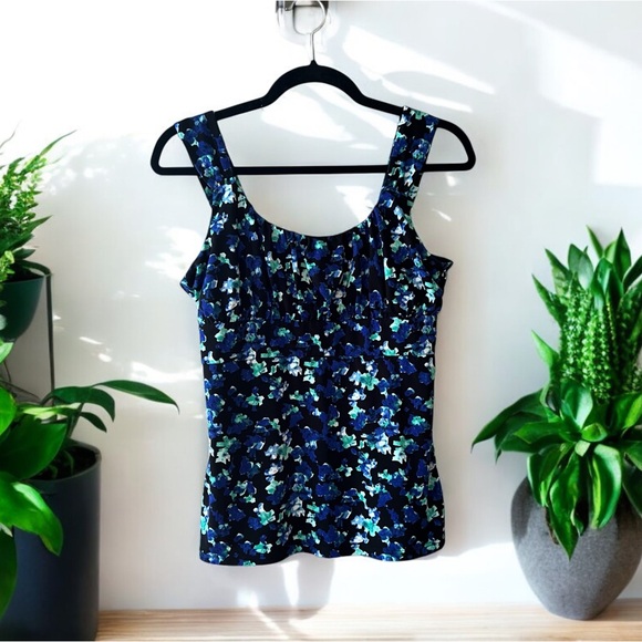 Ann Taylor Black/Royal Blue/Blue/Mint Green/White Splotchy Floral Print Tank Top - Picture 10 of 14
